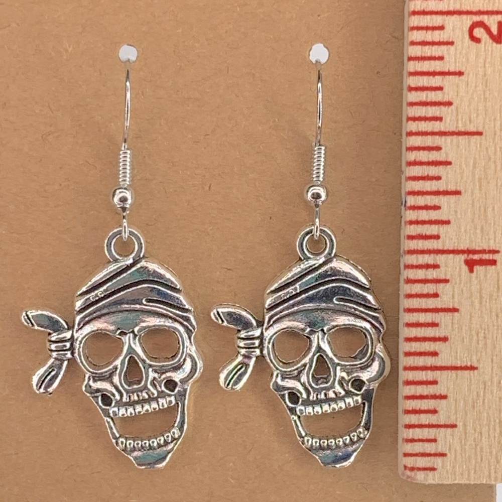 Zinc Alloy Pirate Skull Dangle Earrings - Picture 2 of 4